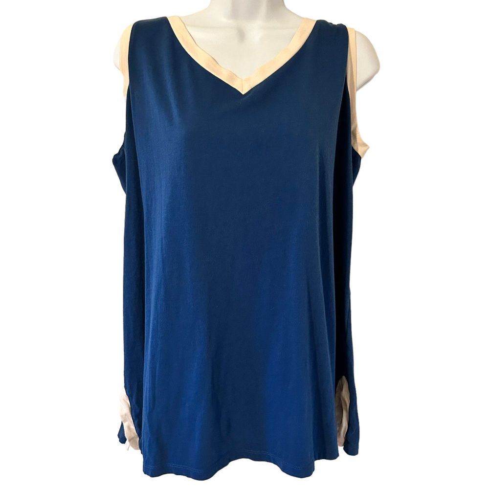 Talbots Woman Petite Blue w/ Ivory Detailed V-Neck Side Slits Tank Top Size 1XP